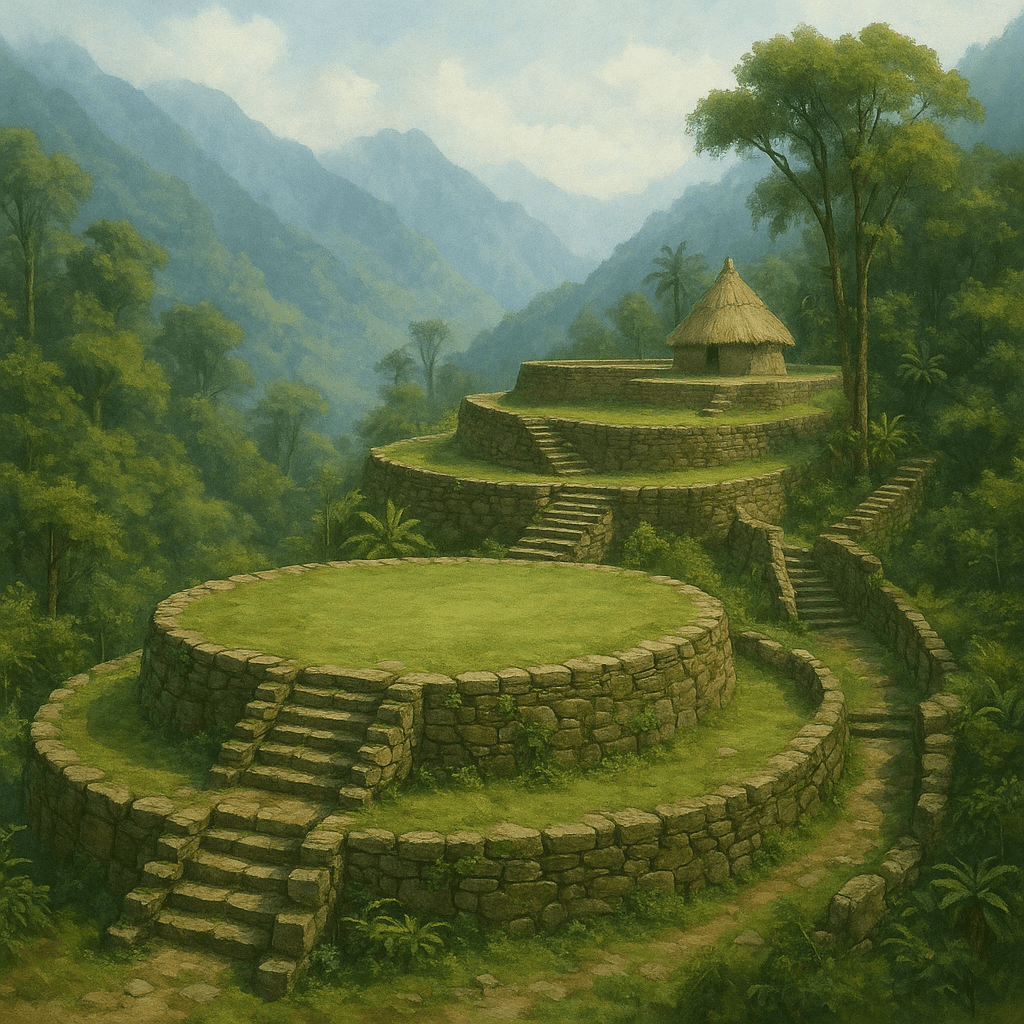 Ilustración digital de las terrazas de piedra de la Ciudad Perdida (Teyuna), un antiguo asentamiento tayrona en la Sierra Nevada de Santa Marta, Colombia.