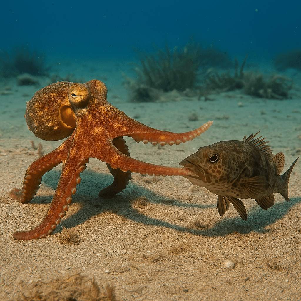 Pulpo golpeando a un pez bajo el agua, comportamiento documentado por científicos como parte de su interacción social o territorial