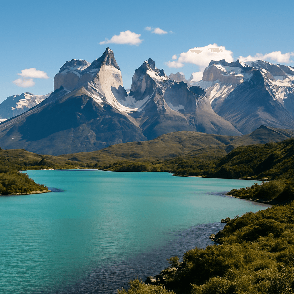 Paisaje natural de la Patagonia con lago glacial, montañas nevadas y cielo parcialmente nublado, representando la belleza ecológica del sur de Sudamérica.